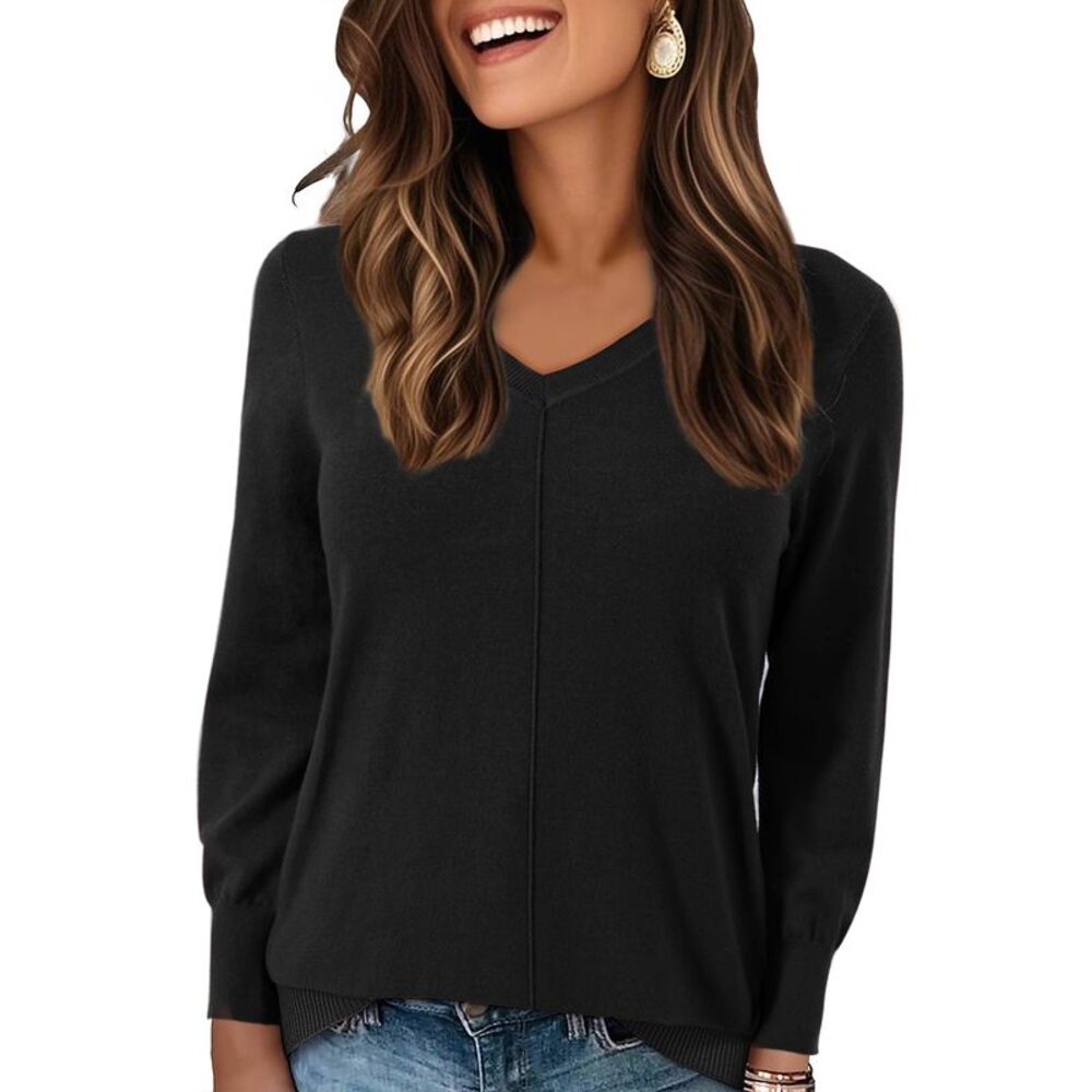 Women Oversized Chunky V Neck Long Sleeve Knit Pullover Sweater Black